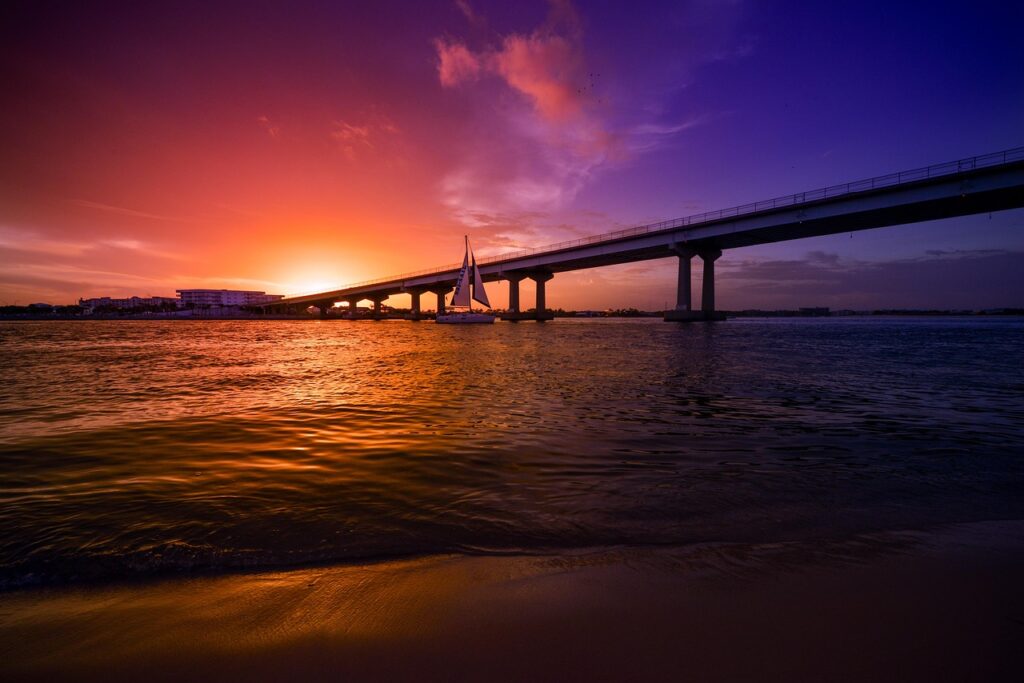 orange beach, alabama, bridge, nature, sunset
