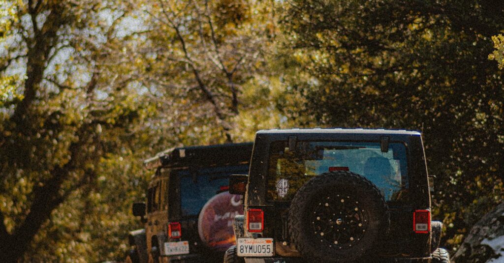 Two 4x4 vehicles driving through a scenic, muddy forest path on a sunny day.