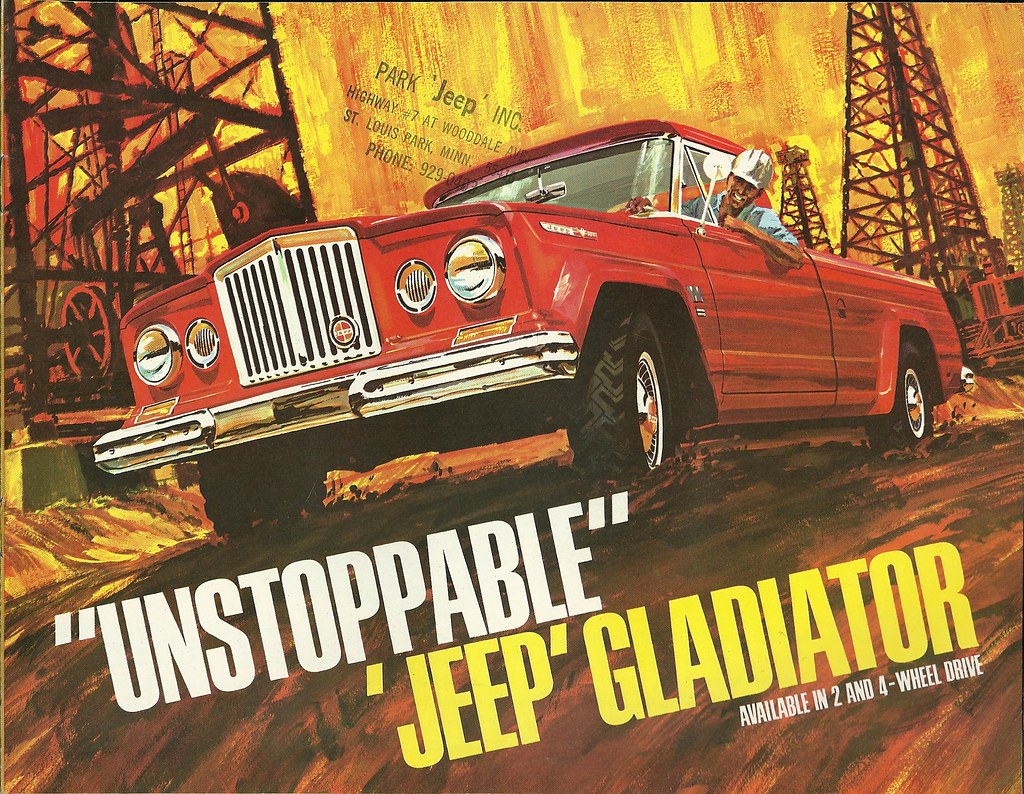 Classic Jeep J-Series truck beside a modern JT Gladiator, representing the Gladiator’s military roots and modern overlanding role.