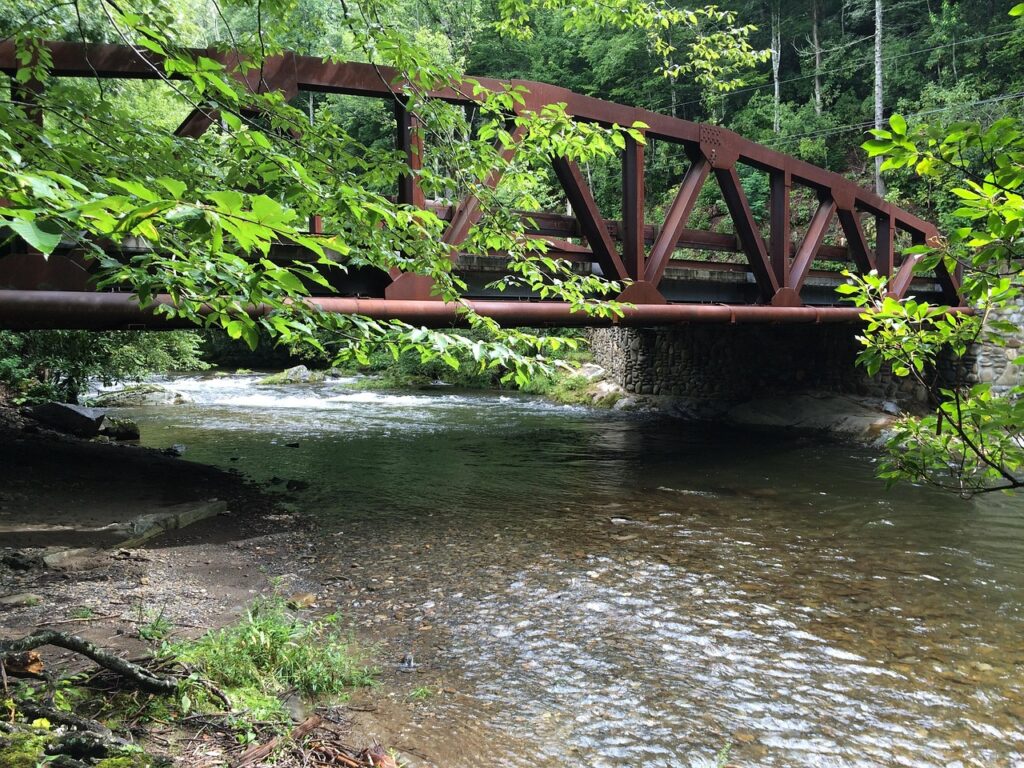 bridge, iron, river, creek, great smokey mountains, tree, scenic, architecture, metal, scenery, outdoor, old, green bridge, green metal
